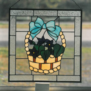 Stained Glass Basket With Blue Ribbon And Purple Flowers