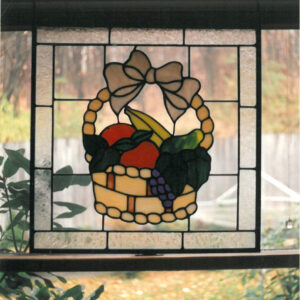 Stained Glass Basket With Pink Ribbon And Fruit