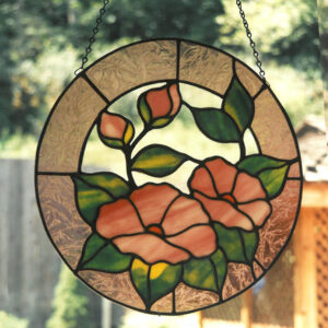 Stained Glass Suncatcher Showing Pink Flowers With Frosted Pink Border